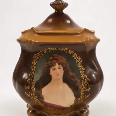Sale Photo Thumbnail #33: Lidded Brown Ceramic Jar with Woman Portrait