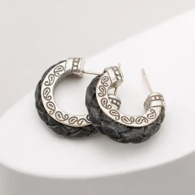 Sale Photo Thumbnail #111: Pair of Silver-Tone and Black Hoop Earrings