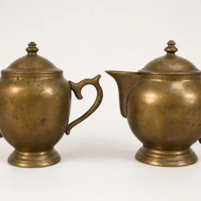 Sale Photo Thumbnail #11: Pair of Brass-Tone Lidded Sugar Bowl and Creamer