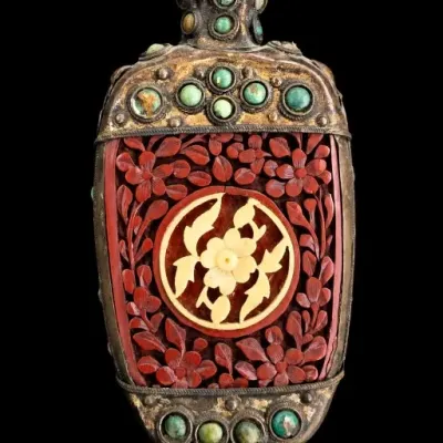 Sale Photo Thumbnail #322: Carved Red and Cream Floral Snuff Bottle with Green Stones