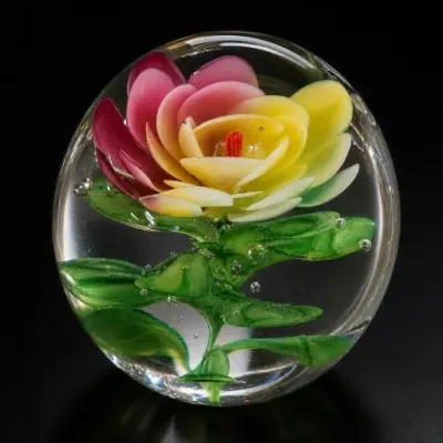 Sale Photo Thumbnail #151: Glass Paperweight With Pink and Yellow Flower Design