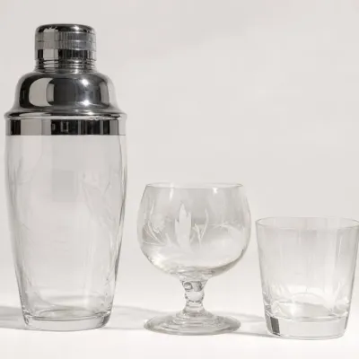 Sale Photo Thumbnail #96: Glass Cocktail Shaker and Two Glasses