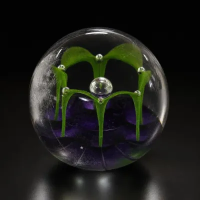 Sale Photo Thumbnail #143: Clear Glass Paperweight With Green and Purple Design