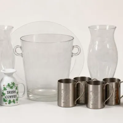 Sale Photo Thumbnail #110: Glass Ice Bucket, Vases, Metal Mugs and Irish Coffee Pitcher