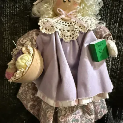 Handmade Granny Sewing Doll Figure Yarn Basket Book Begin to Sew Folk Art Shelf Decor