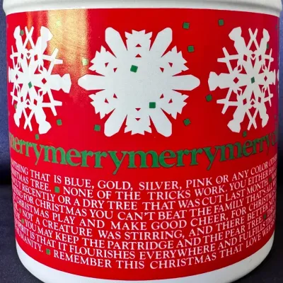 Vintage Christmas Tin Canister – Red Snowflake Design w/ Holiday Sayings