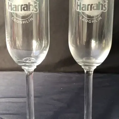 Pair of Harrah’s Laughlin Logo Champagne Flutes – Casino Souvenir Glasses