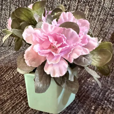 Artificial Pink African Violet Floral Arrangement in Green Square Pot