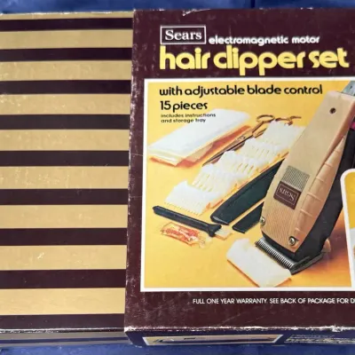 Vintage Sears Electromagnetic Motor Hair Clipper Set w/ Box – 15 Piece Grooming Kit