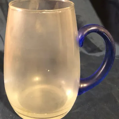 Vintage Frosted Art Glass Mug w/ Cobalt Blue Applied Handle – Hand Blown Style