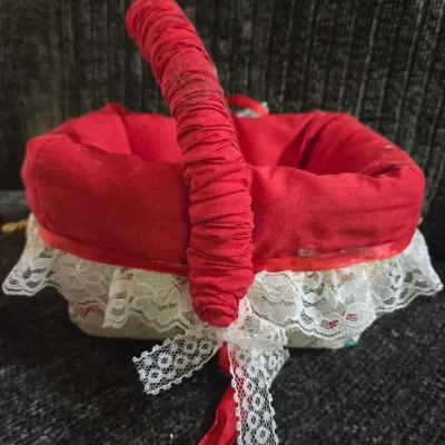 Handmade Christmas Fabric Gift Basket w/ Lace Trim & Padded Handle Holiday Décor