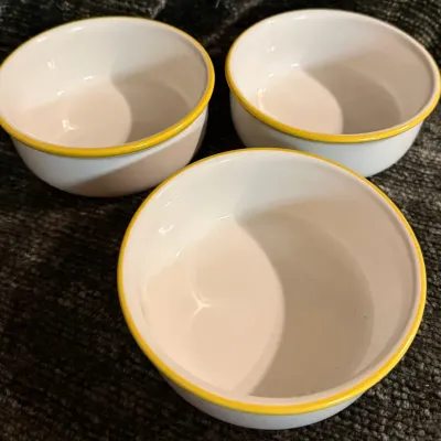 Set of 3 White Ceramic Ramekins with Yellow Rim Accents