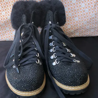 INC International Concepts Rhinestone Faux Fur Lace-Up Combat Boots Women’s Size 9M Black