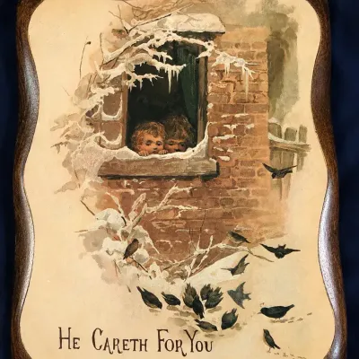 Vintage “He Careth For You” Winter Cottage Wall Plaque – Rustic Framed Inspirational Art