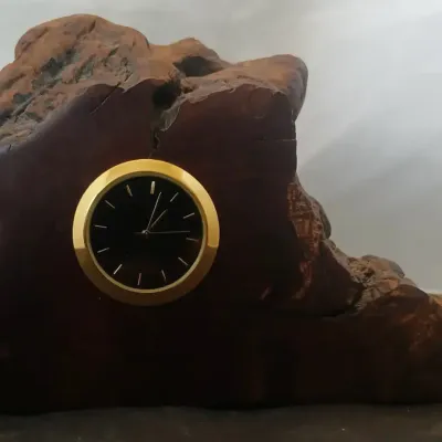 Rustic Natural Burl Wood Quartz Desk Clock Live-Edge Root Sculpture
