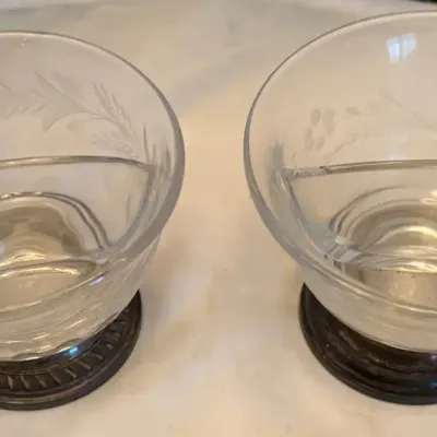 Vintage Etched Glass Sherbet Dessert Bowls w/ Silverplate Pedestal Bases – Set of 2