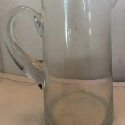 Large Hand-Blown Clear Art Glass Pitcher with Applied Handle – 10” Tall