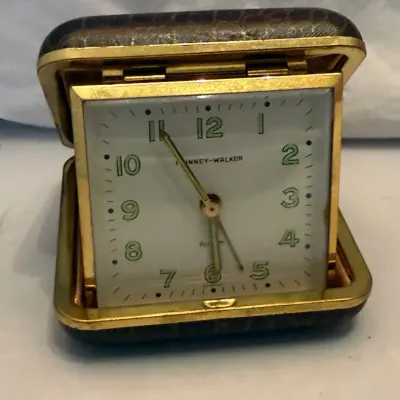 Vintage Phinney-Walker Folding Travel Alarm Clock Brown Faux Alligator Case Germany Wind Up
