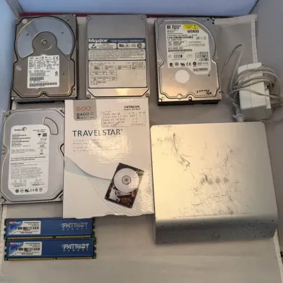 Vintage Computer Hardware Lot – 5 HDDs, Seagate External Drive, Patriot DDR RAM, Hitachi Travelstar 