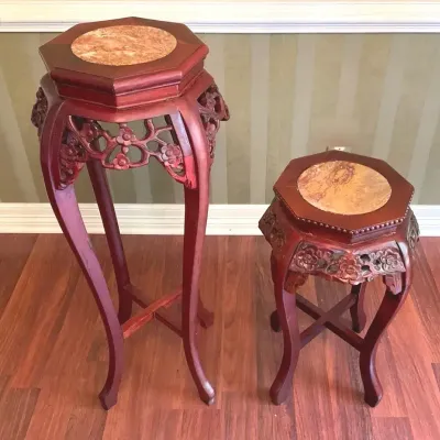 Pair Of Rosewood Marble Top Plant Stands