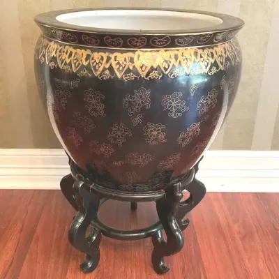 Chinese Porcelain Fishbowl Planter & Stand