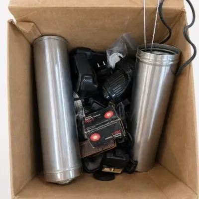 Box of Metal Canisters and Electronic Accessories