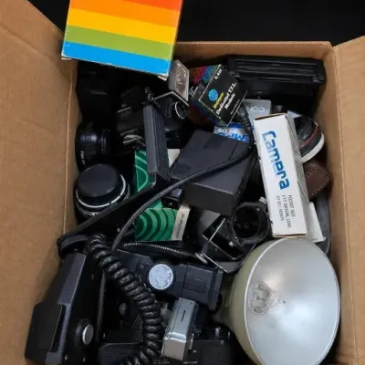 Box of Assorted Cameras and Camera Accessories