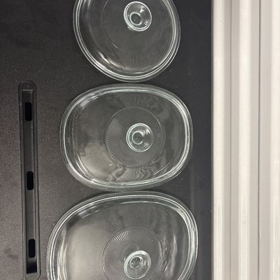 Sale Photo Thumbnail #469: 3 glass lids 
11” 8.5”
10” 7.5”
7.5”