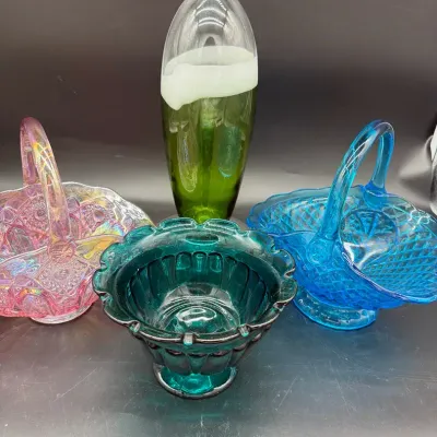 Bright Colorful Joyful Glass Baskets, Bowl And Vase