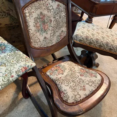 Vintage Folding Embroidered Rocking Chair, And Two Small Piano Style Benches 