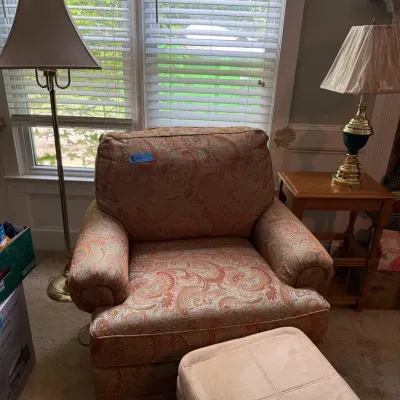 Comfy Chair, Perfect For Reading , Ottoman, Side Table, Table Lamp And Floor Lamp