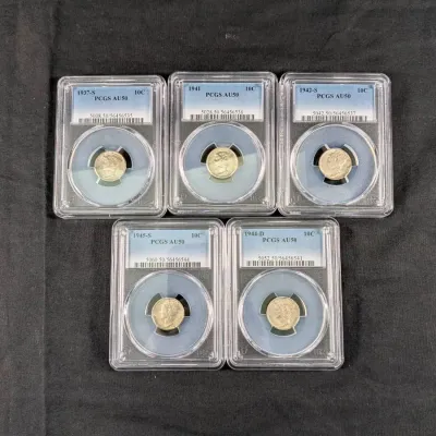 (5) Different Silver Mercury Dimes 1973-S, 41-P, 42-S, 44-D, 45-S - All AU-50 By PCGS