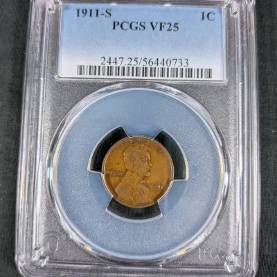 1911-S Lincoln Wheat Cent - Rare Date! VF25 - Graded By PCGS