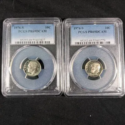 1974-S & 1976-S High Grade Roosevelt Dimes - PCGS PR69DCAM
