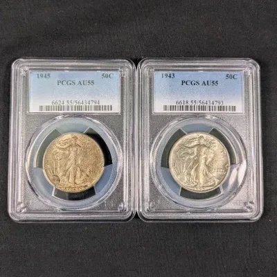 1943-P & 1945-P Silver Walking Liberty Half Dollars - AU-55 By PCGS