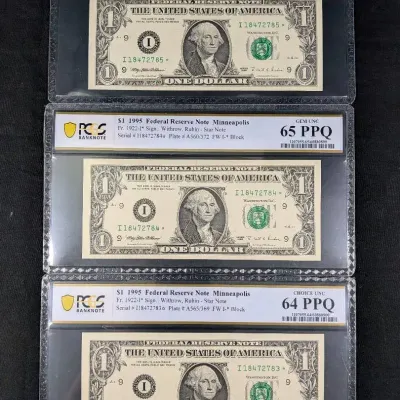 RARE (3) 1995 $1 Federal Reserve Star Notes In Sequential Serial #'s - High Grade MS-64/65 EPQ