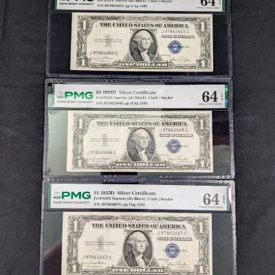 RARE (3) 1935-D $1 Silver Certificates - In Sequential Serial # - MS-64EPQ By PMG