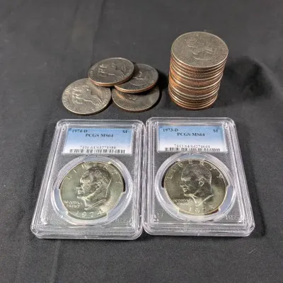 1973-D & 1974-D Eisenhower Dollars - MS-64 By PCGS + 1 Roll Of 20 Eisenhower Dollars