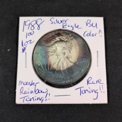 1oz 1988 Silver Eagle BU With Amazing Rainbow Toning!
