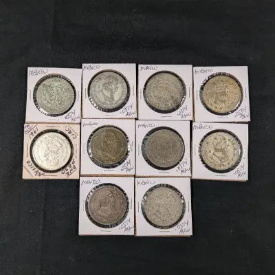 (10) 1950's - 1960's Silver Mexico One Peso Coins 