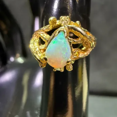 NAGL Certified - 14k Yellow Gold Opal And Diamond Ring 