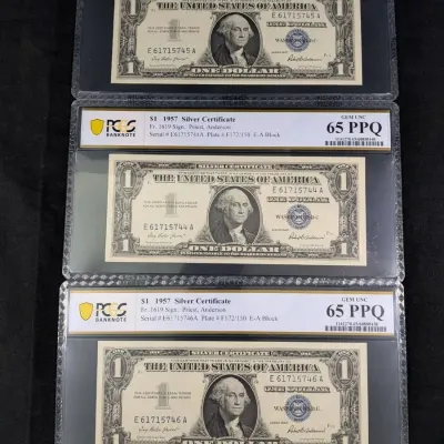 (3) 1957 $1 Silver Certificates In Sequential Serial #'s - All MS-65PPQ PCGS