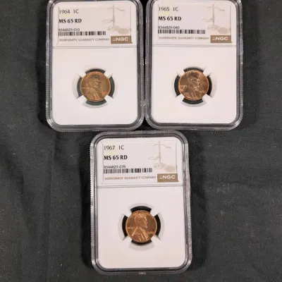 1964, 65, 67 High Grade Lincoln Cents MS-65 Red By NGC