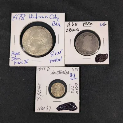 (2) Silver Rare Foreign Coins & Silver Pope Medal