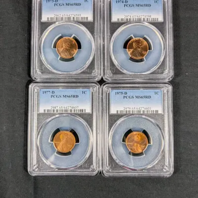 1973-D, 74-D, 75-D, 77-D, High Grade Lincoln Cents - MS-65 Red By PCGS