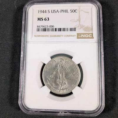 1944-S USA Phillipines Fifty Centevos Silver Coin MS-63 By NGC