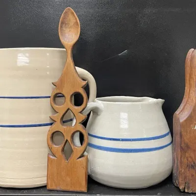 Blue Band Stoneware and Vintage Wooden Kitchen Gadgets 