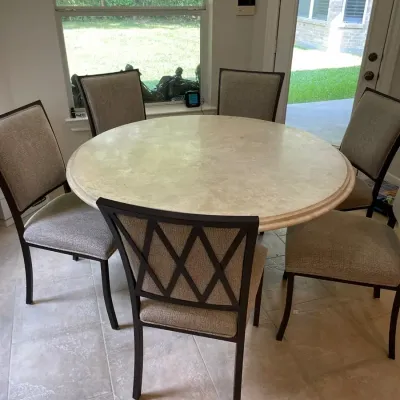 Round Stone Table, Base & Six Chairs