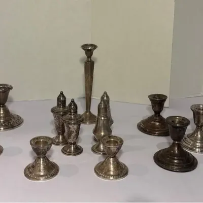 Vintage Sterling Weighted Candleholders & Salt And Pepper Shakers