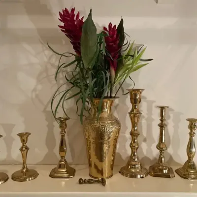 Large Brass Vase & Candlesticks